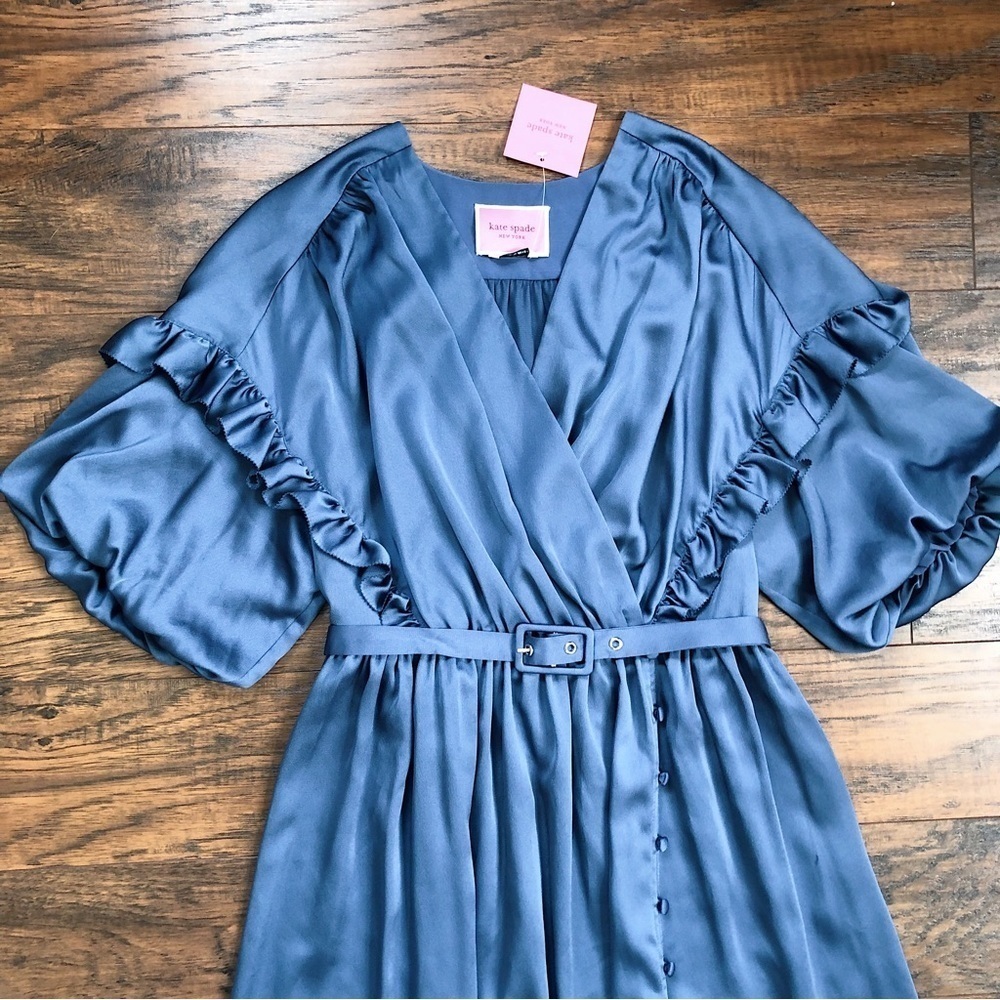 Kate Spade • Belted Satin Midi Dress ruffle trim short sleeve Antique Blue - Picture 3 of 16